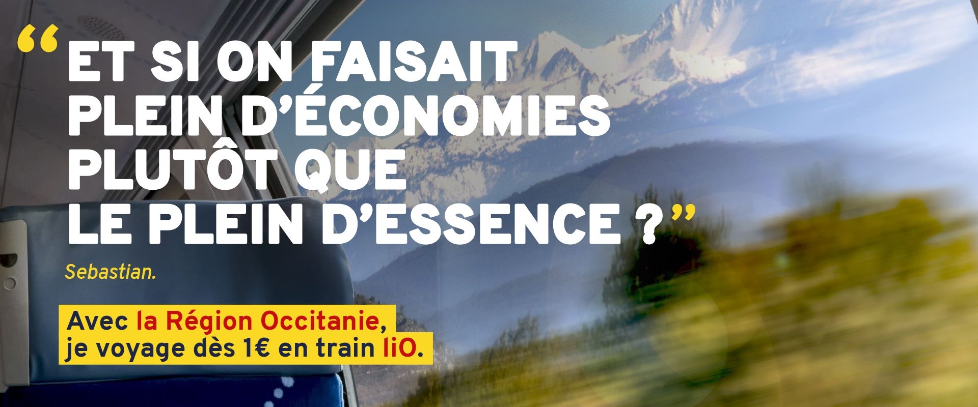 Bandeau horizontal détail de la campagne voyage dès 1€ en trail liO, "Et si on faisait le plein d'économies plutôt que le plein d'essence ?" 