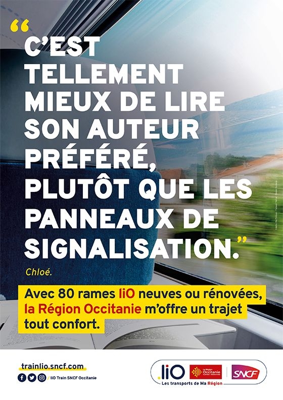 Affiche de la campagne voyage dès 1€ en trail liO, "C'est tellement mieux de lire son auteur préféré, plutôt que les panneaux de signalisation."