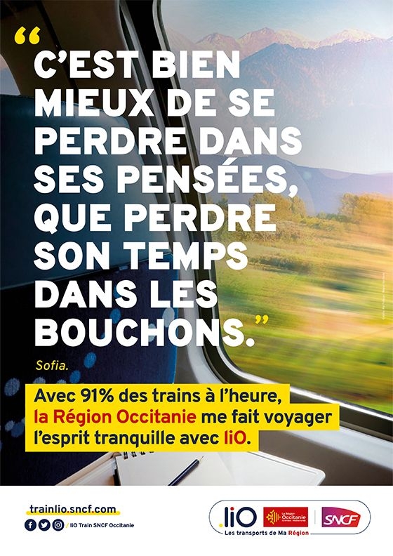 Affiche de la campagne voyage dès 1€ en trail liO, "C'est mieux de se perdre dans ses pensées, que perdre son temps dans les bouchons." 