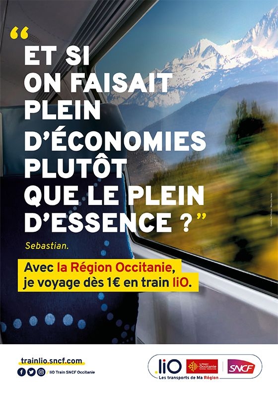 Affiche de la campagne voyage dès 1€ en trail liO, "Et si on faisait le plein d'économies plutôt que le plein d'essence ?" 