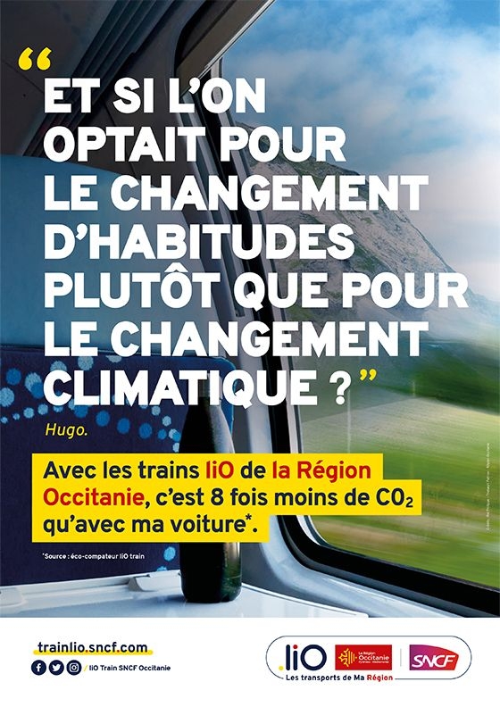 Affiche de la campagne voyage dès 1€ en trail liO, "Et si l'on optait pour le changement d'habitudes plutôt que le changement climatique ?"